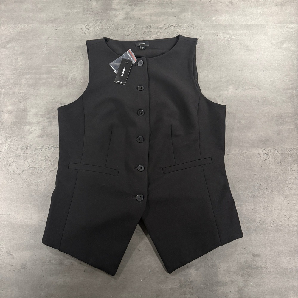Express Blazer Vest Womens M Boat Neck Button-Front Black Stretch Twill Work $78